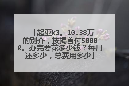 起亚k3。10.38万的别介，按揭首付50000。办完要花多少钱？每月还多少，总费用多少